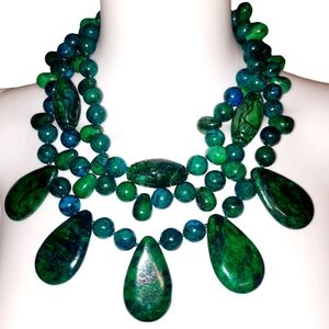 Azurite Malachite Chrysocolla Cabochon Tiered Beaded Statement Necklace